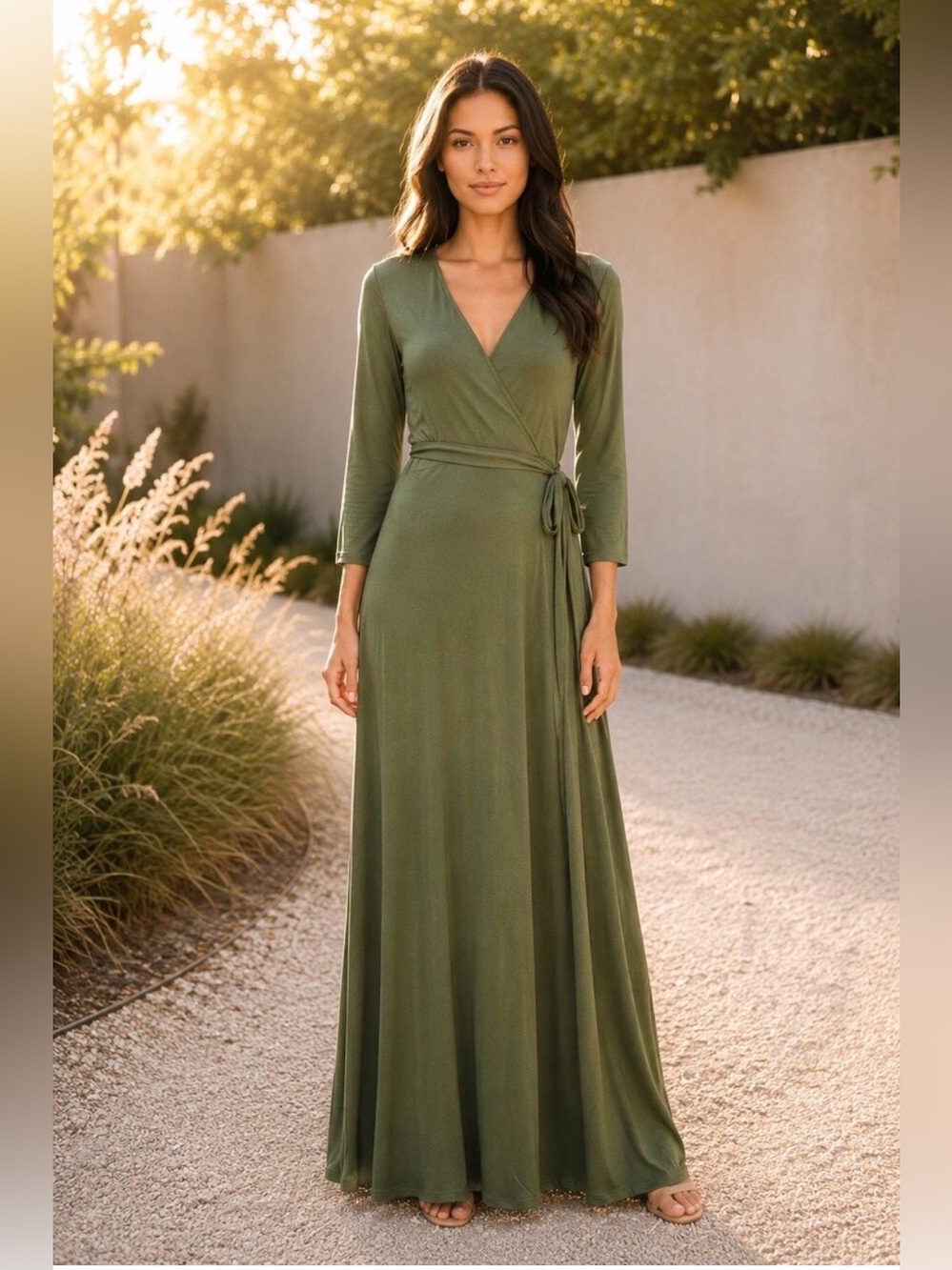 Lulus Olive Green Long Sleeve True Wrap Maxi Dress V Neck Stretch NWT Medium
